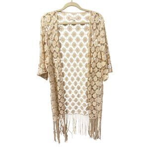 Rebellion Boho Crochet Lace Kimono Cardigan With Fringe  Size L
